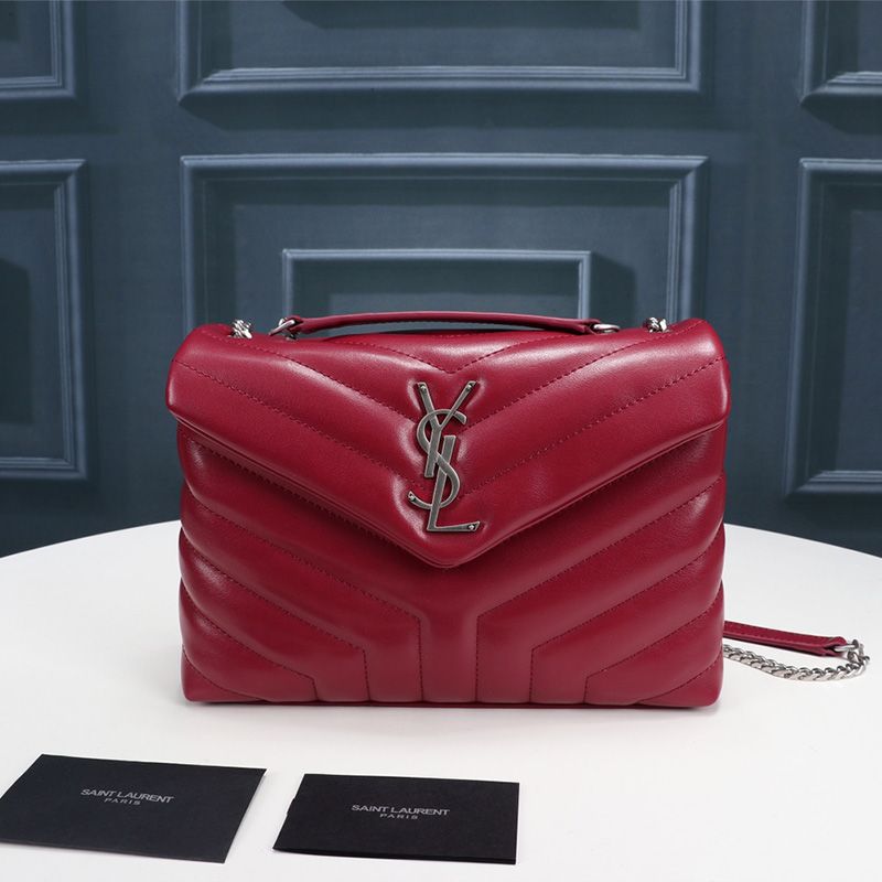 Saint Laurent Small Loulou Chain Bag In Y Matelasse Leather Red Silver