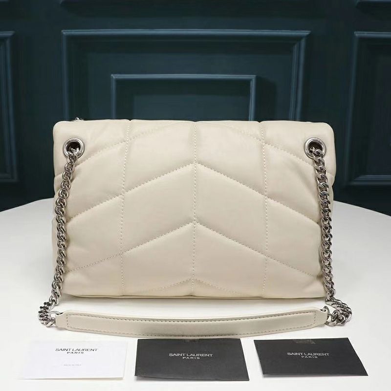 Saint Laurent Small Loulou Puffer Bag In Quilted Lambskin White Silver