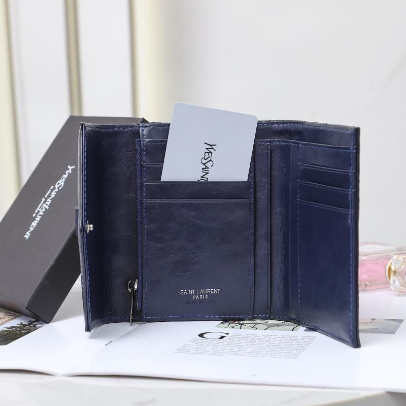 Saint Laurent Small Monogram Trifold Wallet In Crinkled Matelasse Leather Navy Blue