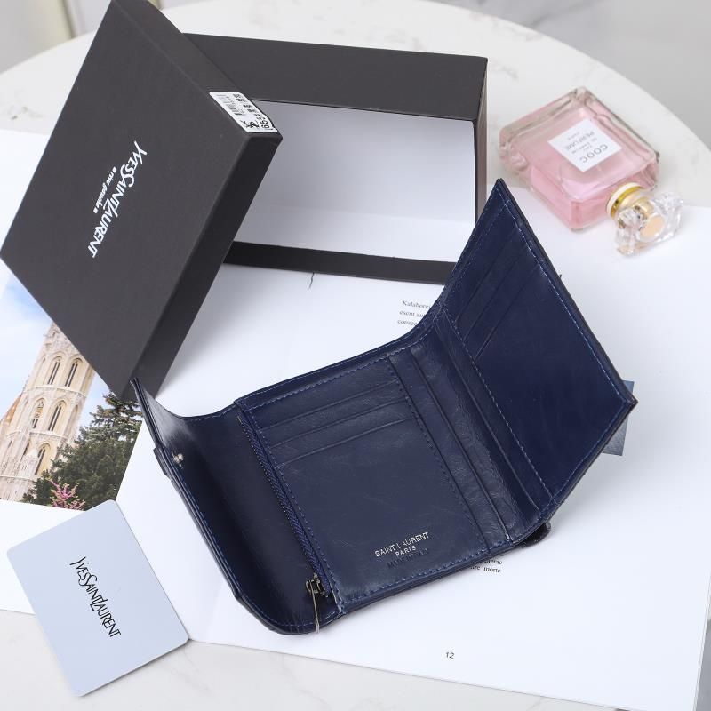 Saint Laurent Small Monogram Trifold Wallet In Crinkled Matelasse Leather Navy Blue