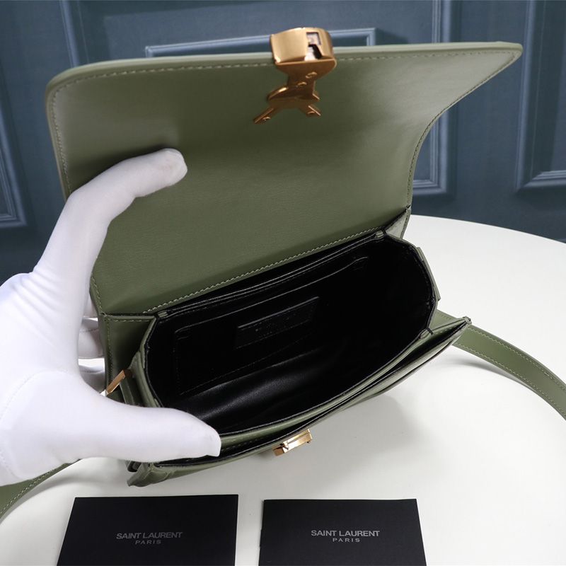 Saint Laurent Small Solferino Satchel In Box Leather Green Gold