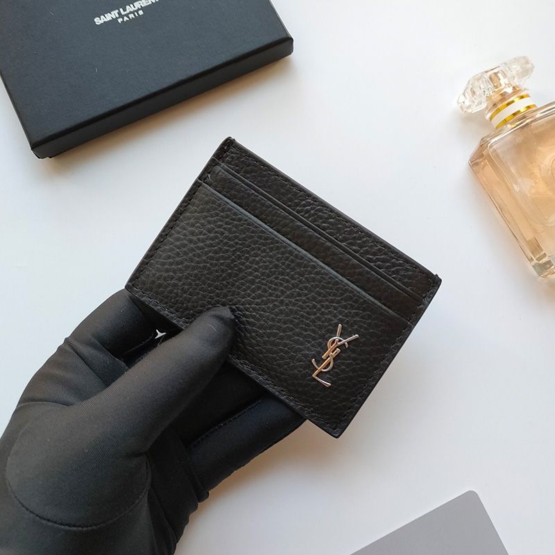 Saint Laurent Tiny Monogram Card Case In Grained Leather Black Silver