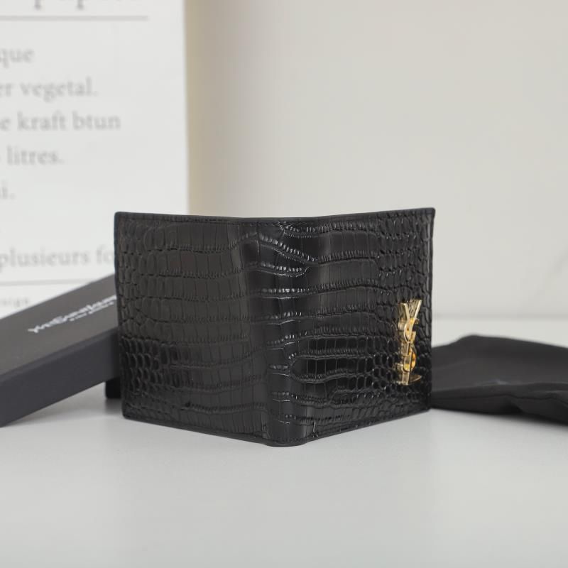 Saint Laurent Small Tiny Monogram East West Wallet In Crocodile Embossed Leather Black Gold