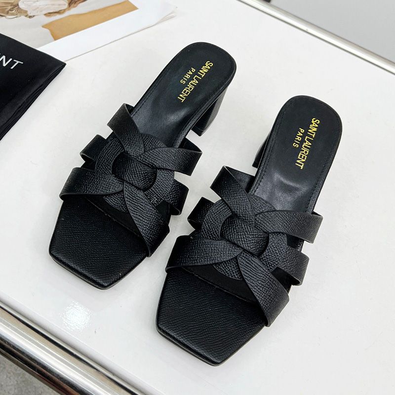 Saint Laurent Tribute Heeled Slides Women Grained Leather Black