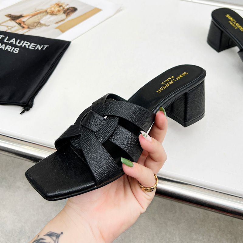 Saint Laurent Tribute Heeled Slides Women Grained Leather Black