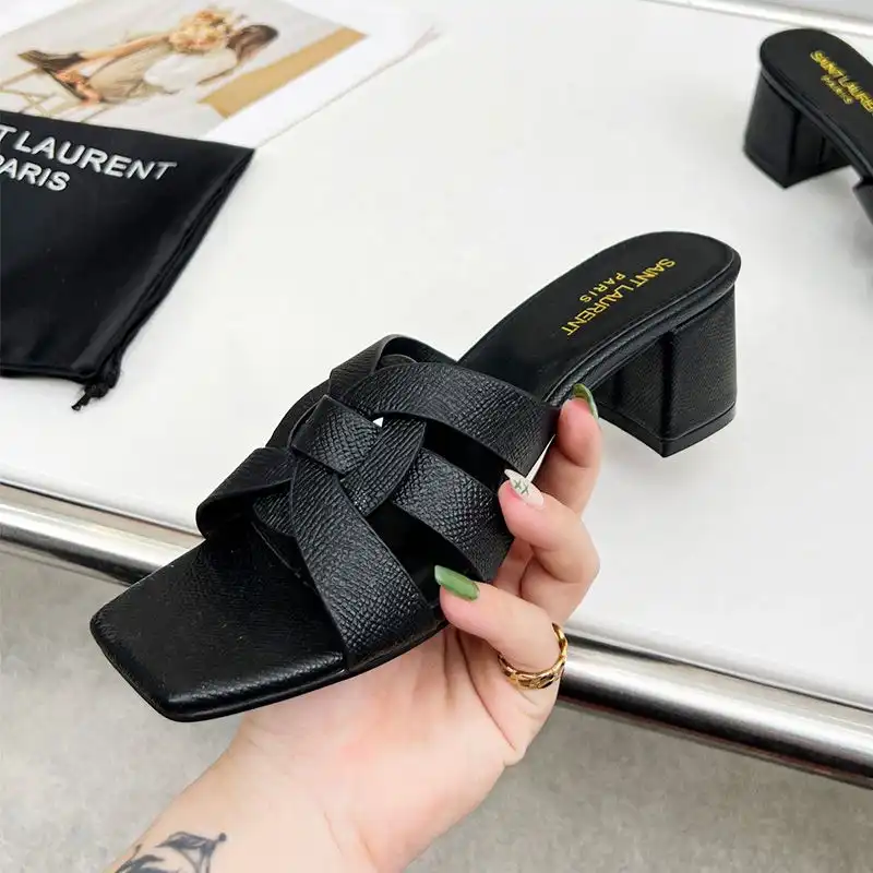 Cheap Saint Laurent Tribute Heeled Slides Women Grained Leather Black