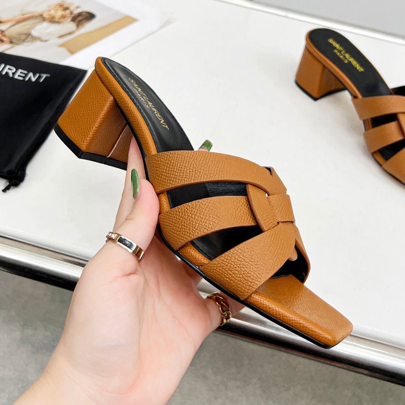 Saint Laurent Tribute Heeled Slides Women Grained Leather Brown