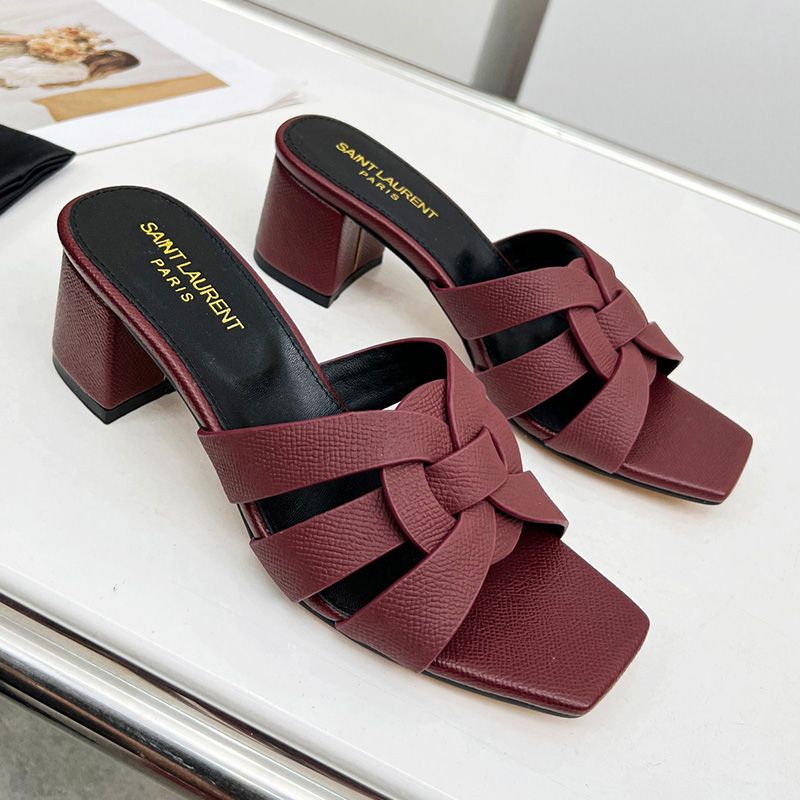 Saint Laurent Tribute Heeled Slides Women Grained Leather Burgundy