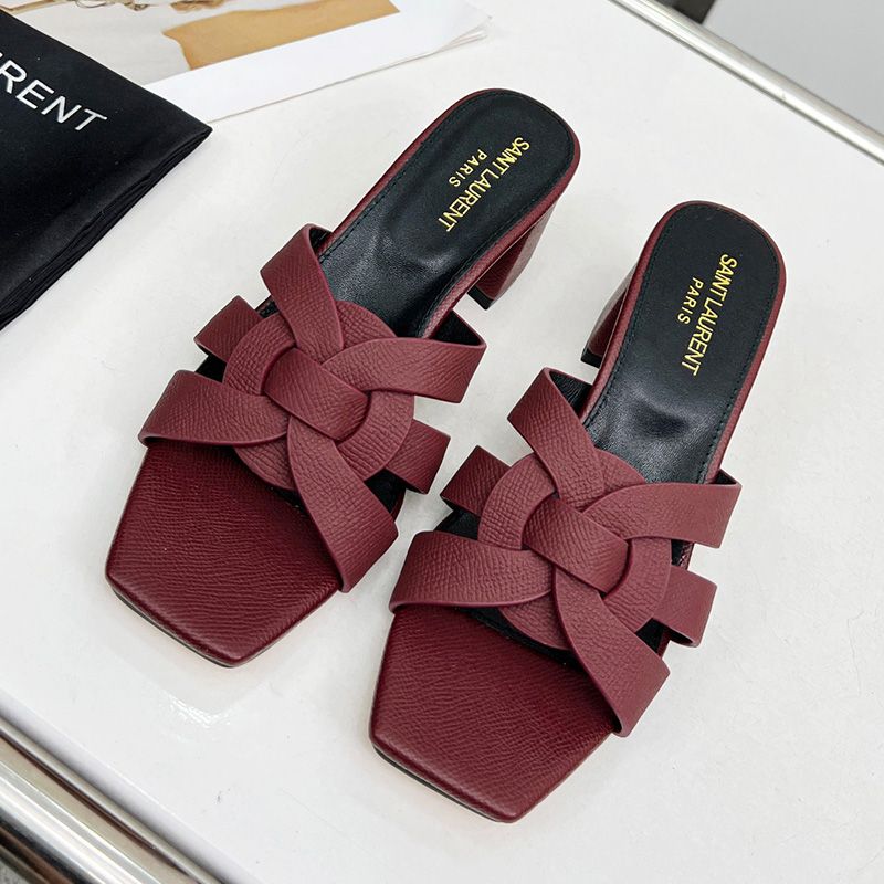 Saint Laurent Tribute Heeled Slides Women Grained Leather Burgundy