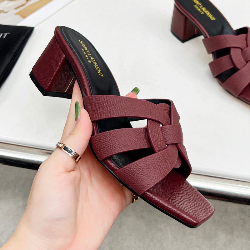 Saint Laurent Tribute Heeled Slides Women Grained Leather Burgundy