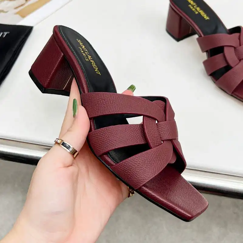 Cheap Saint Laurent Tribute Heeled Slides Women Grained Leather Burgundy