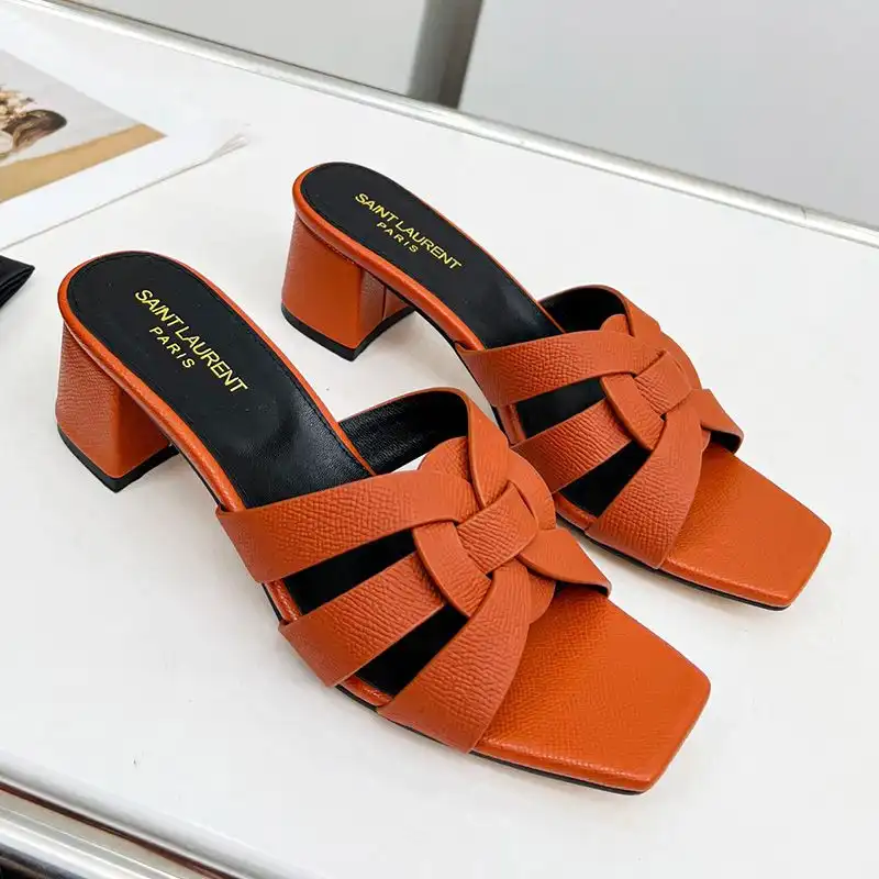 Saint Laurent Tribute Heeled Slides Women Grained Leather Orange