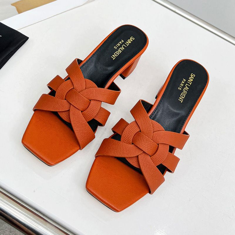 Saint Laurent Tribute Heeled Slides Women Grained Leather Orange