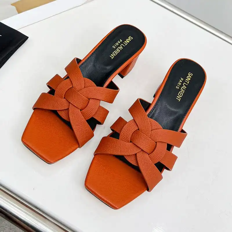 Cheap Saint Laurent Tribute Heeled Slides Women Grained Leather Orange