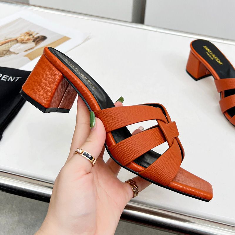 Saint Laurent Tribute Heeled Slides Women Grained Leather Orange