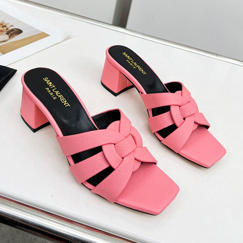 Saint Laurent Tribute Heeled Slides Women Grained Leather Pink