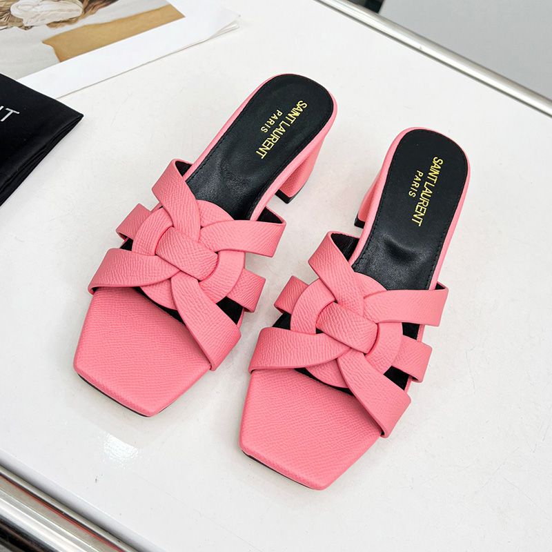 Saint Laurent Tribute Heeled Slides Women Grained Leather Pink