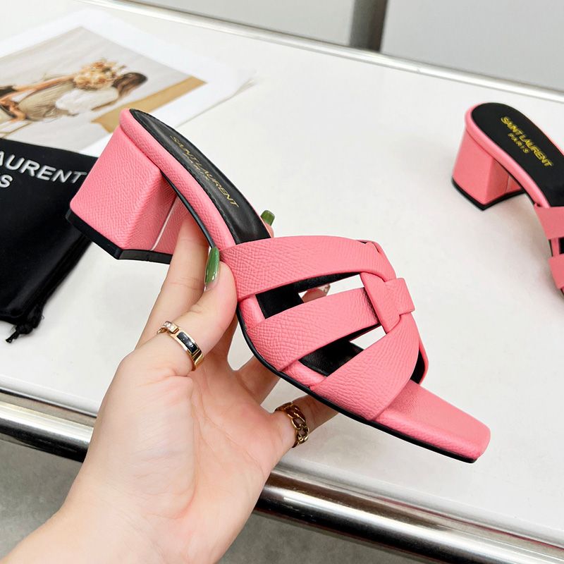 Saint Laurent Tribute Heeled Slides Women Grained Leather Pink