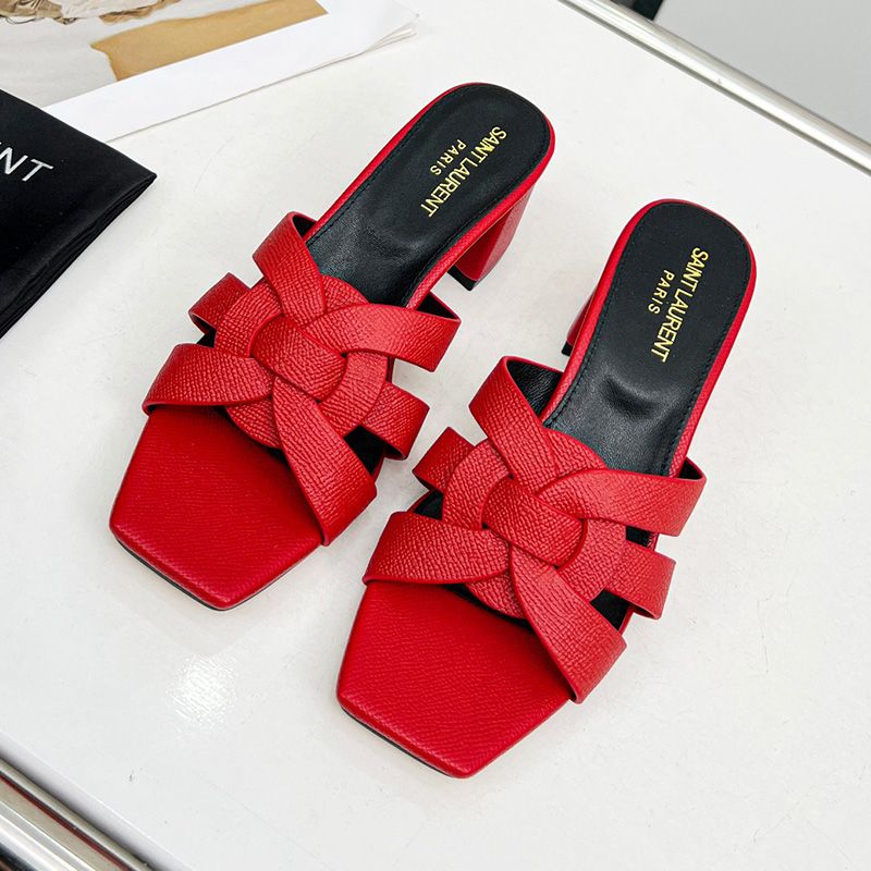 Saint Laurent Tribute Heeled Slides Women Grained Leather Red