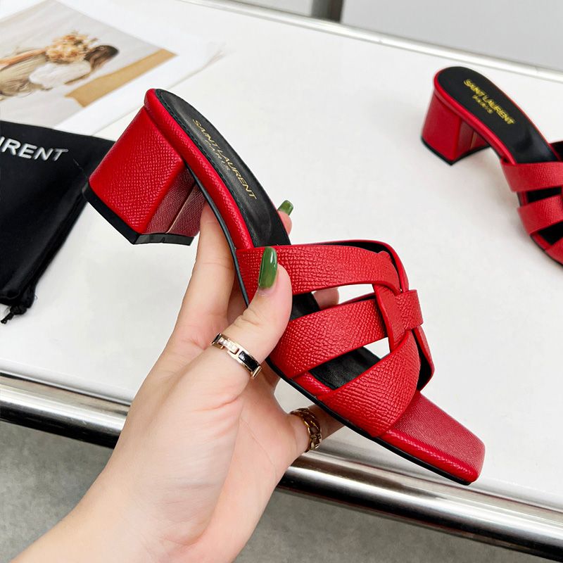 Saint Laurent Tribute Heeled Slides Women Grained Leather Red