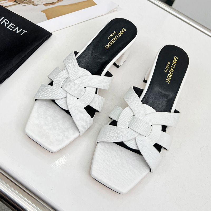 Saint Laurent Tribute Heeled Slides Women Grained Leather White