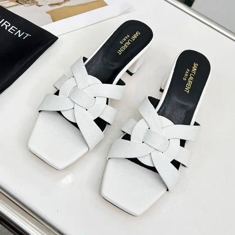 Cheap Saint Laurent Tribute Heeled Slides Women Grained Leather White