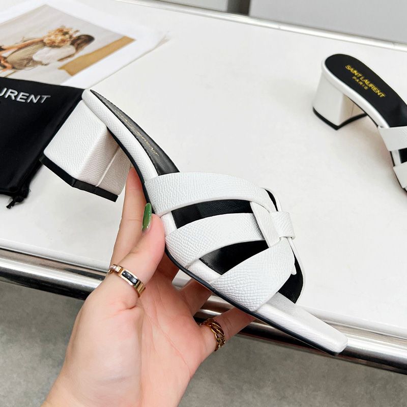 Saint Laurent Tribute Heeled Slides Women Grained Leather White