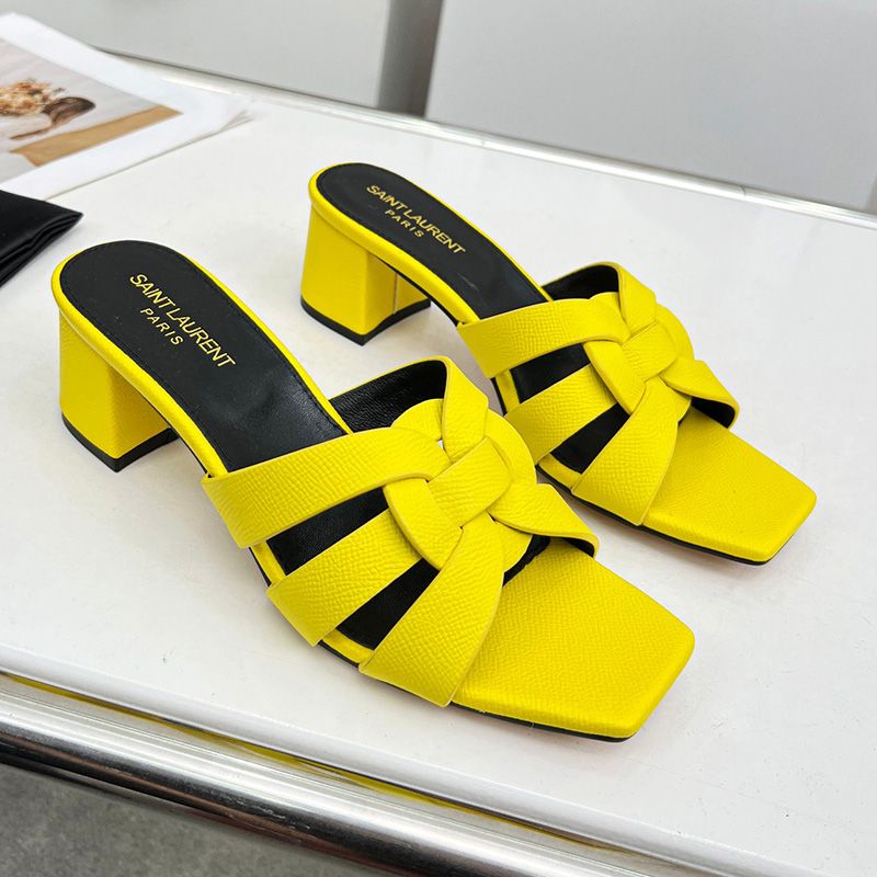 Saint Laurent Tribute Heeled Slides Women Grained Leather Yellow