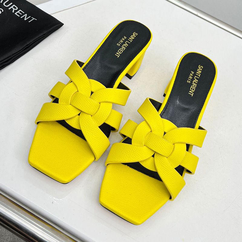 Saint Laurent Tribute Heeled Slides Women Grained Leather Yellow