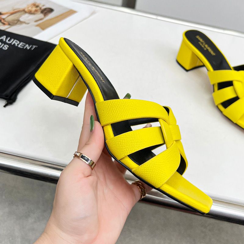 Saint Laurent Tribute Heeled Slides Women Grained Leather Yellow