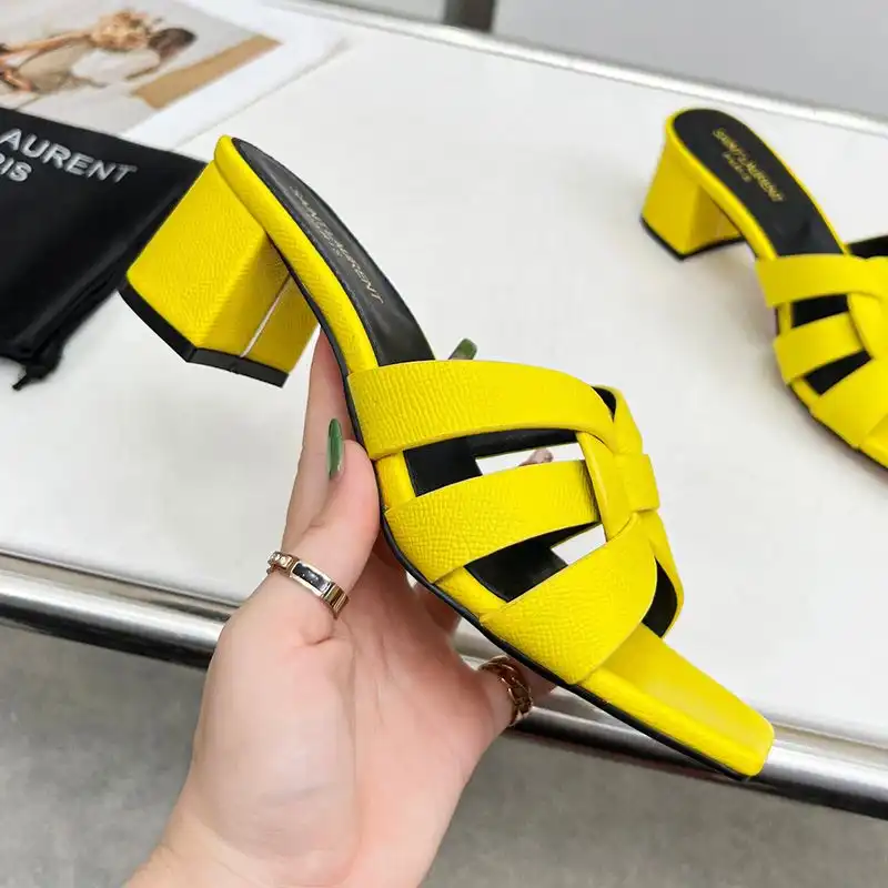 Cheap Saint Laurent Tribute Heeled Slides Women Grained Leather Yellow