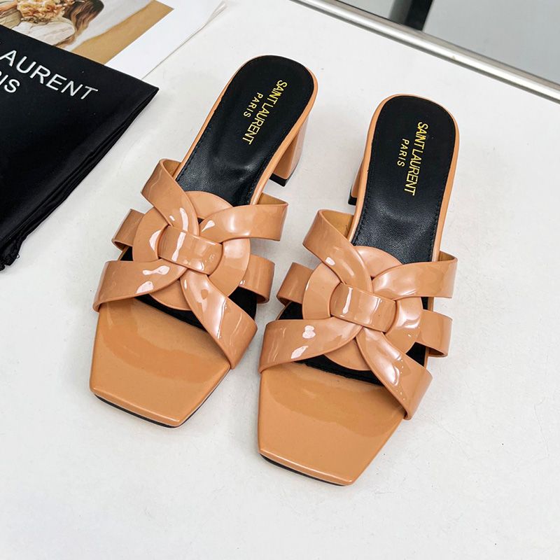 Saint Laurent Tribute Heeled Slides Women Patent Leather Apricot