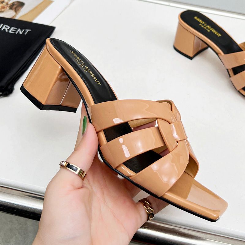 Saint Laurent Tribute Heeled Slides Women Patent Leather Apricot