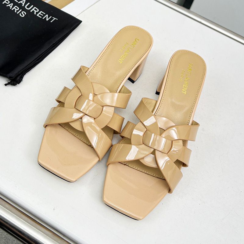 Saint Laurent Tribute Heeled Slides Women Patent Leather Beige