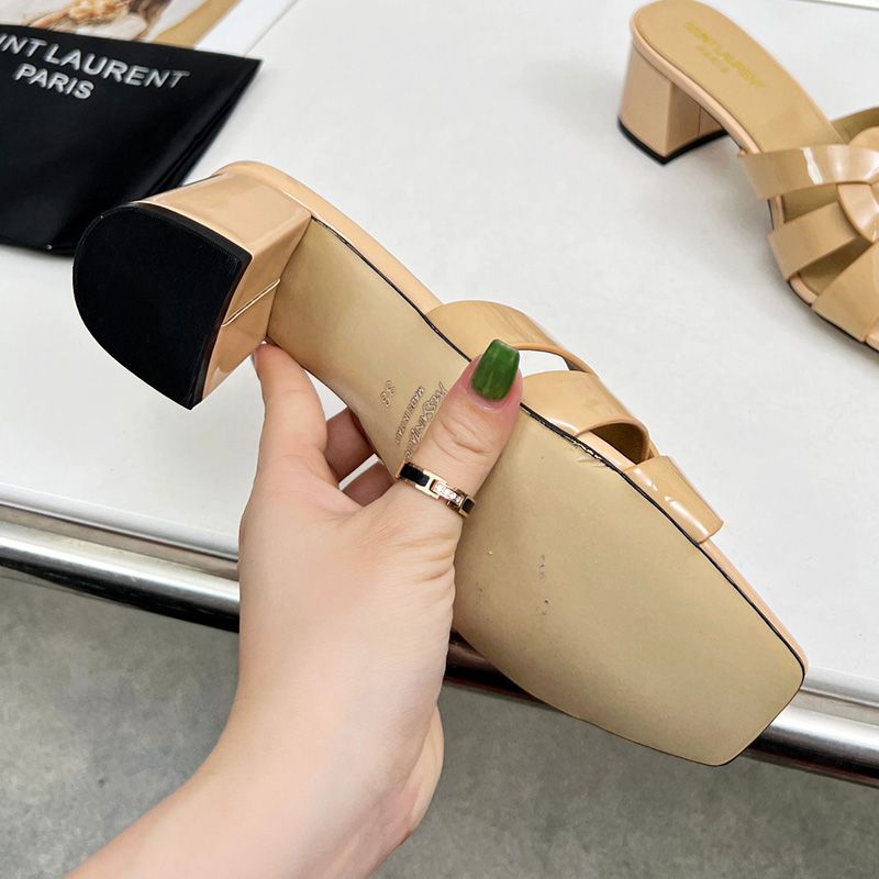 Saint Laurent Tribute Heeled Slides Women Patent Leather Beige