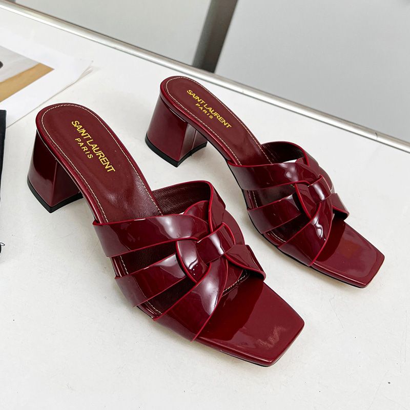 Saint Laurent Tribute Heeled Slides Women Patent Leather Burgundy