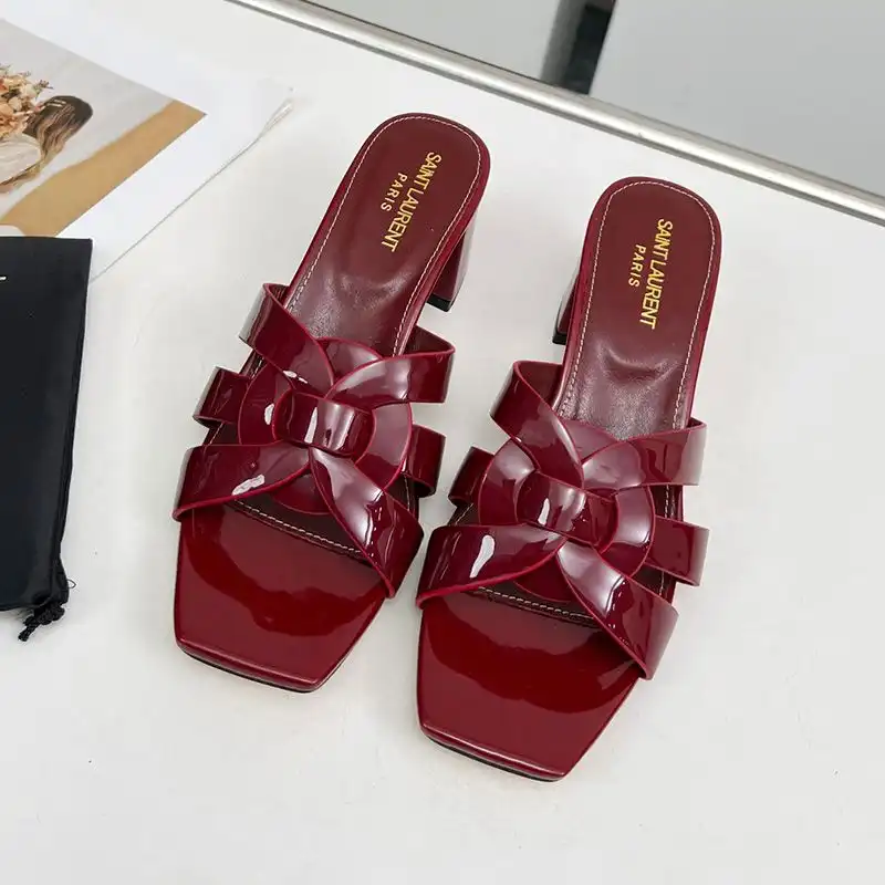 Cheap Saint Laurent Tribute Heeled Slides Women Patent Leather Burgundy