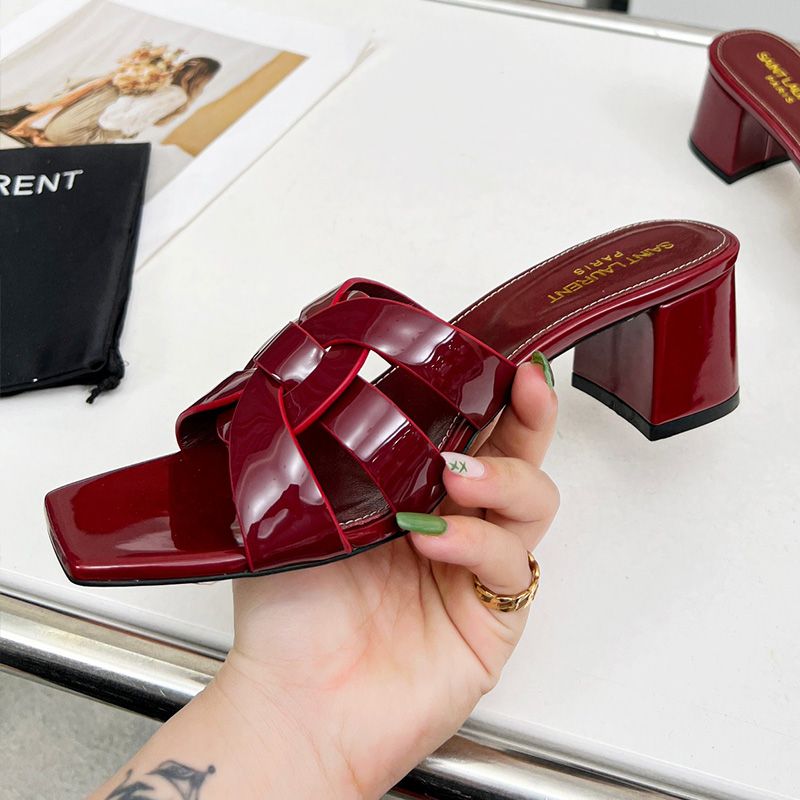 Saint Laurent Tribute Heeled Slides Women Patent Leather Burgundy