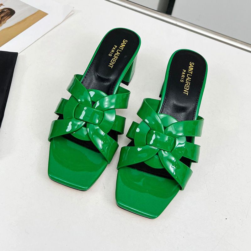 Saint Laurent Tribute Heeled Slides Women Patent Leather Green