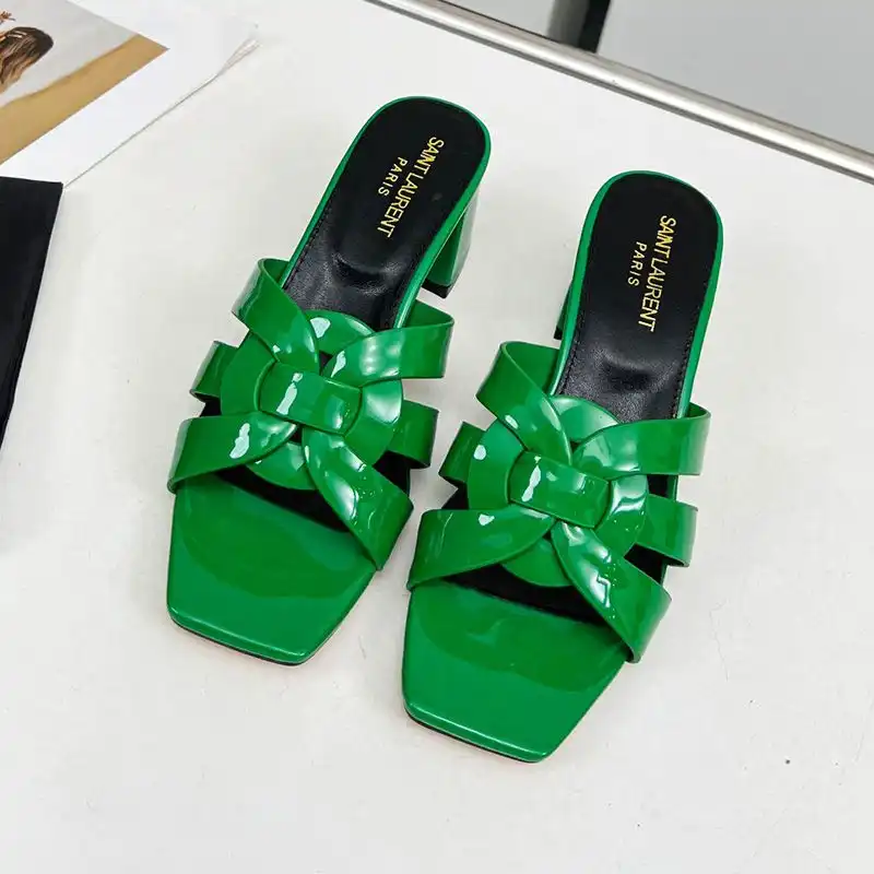 Cheap Saint Laurent Tribute Heeled Slides Women Patent Leather Green