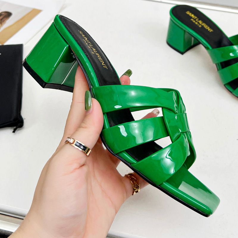 Saint Laurent Tribute Heeled Slides Women Patent Leather Green