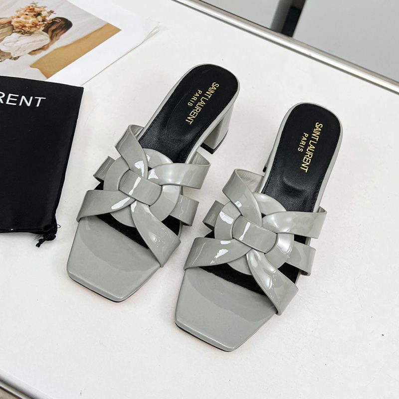 Saint Laurent Tribute Heeled Slides Women Patent Leather Grey