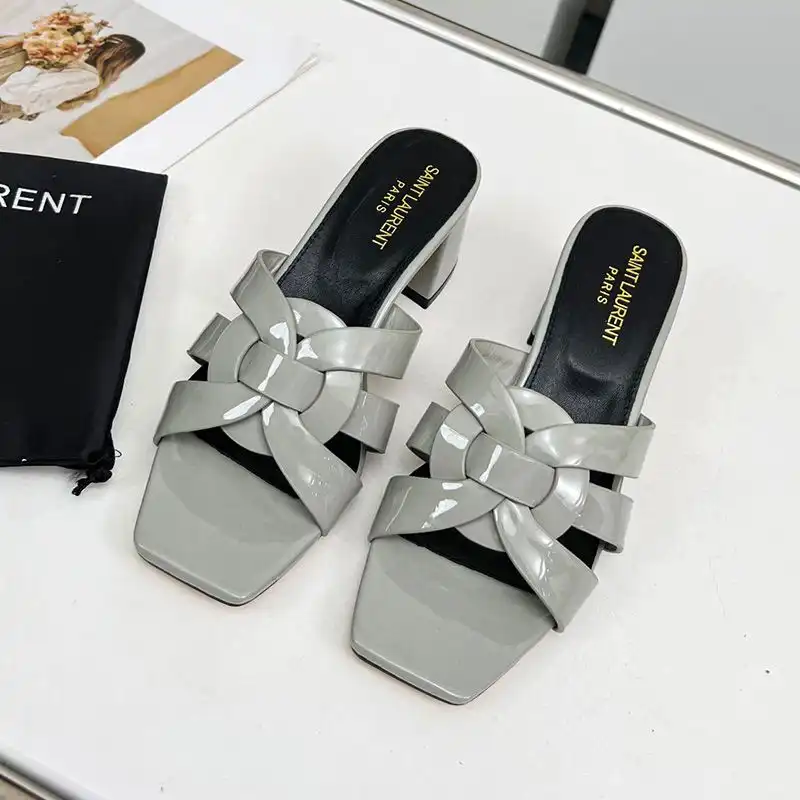 Cheap Saint Laurent Tribute Heeled Slides Women Patent Leather Grey