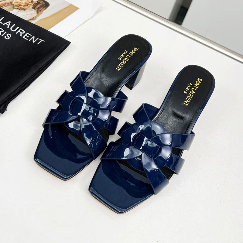 Saint Laurent Tribute Heeled Slides Women Patent Leather Navy Blue