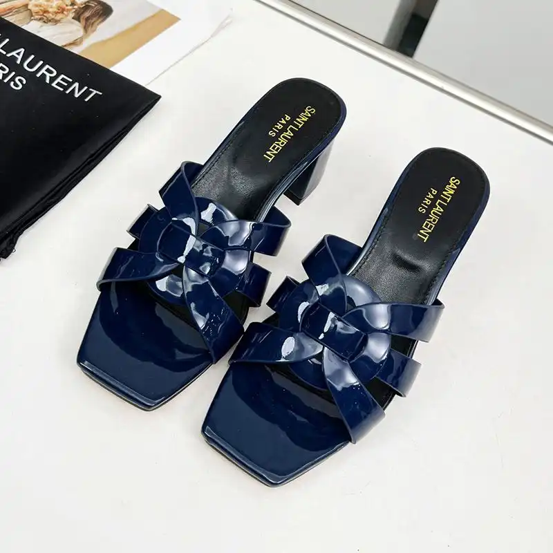 Cheap Saint Laurent Tribute Heeled Slides Women Patent Leather Navy Blue