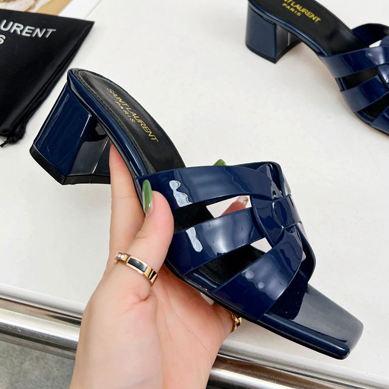 Saint Laurent Tribute Heeled Slides Women Patent Leather Navy Blue