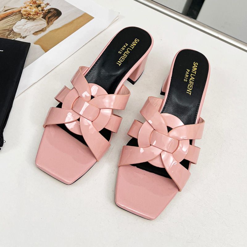 Saint Laurent Tribute Heeled Slides Women Patent Leather Pink