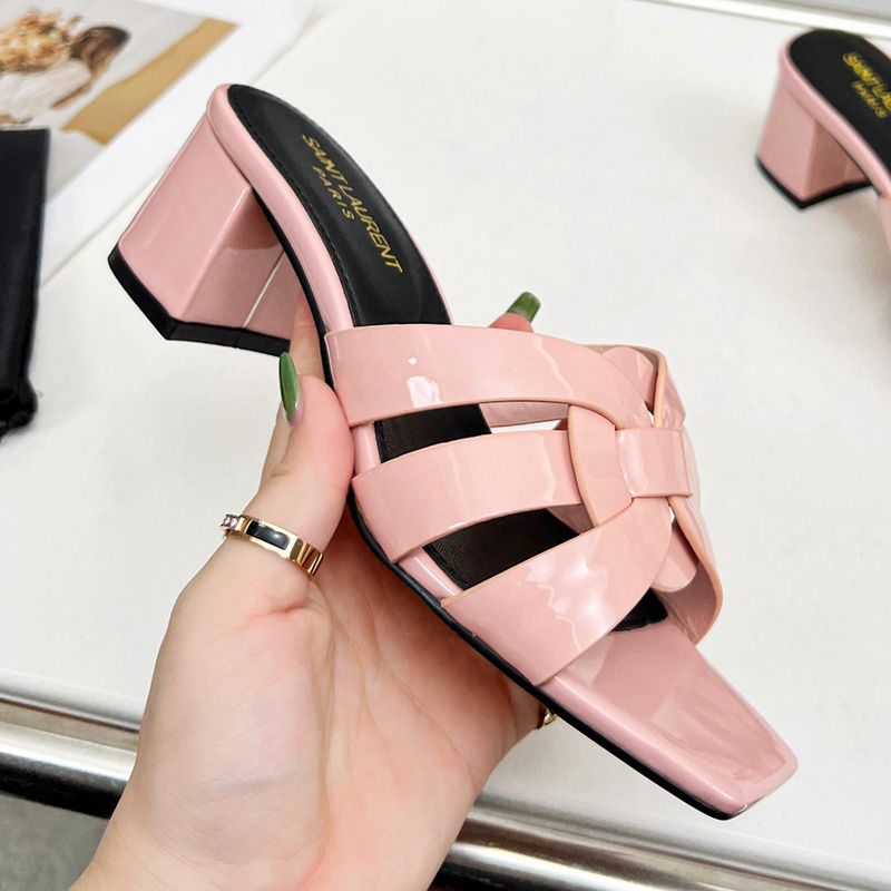 Saint Laurent Tribute Heeled Slides Women Patent Leather Pink