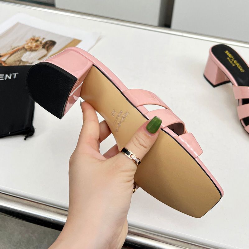 Saint Laurent Tribute Heeled Slides Women Patent Leather Pink