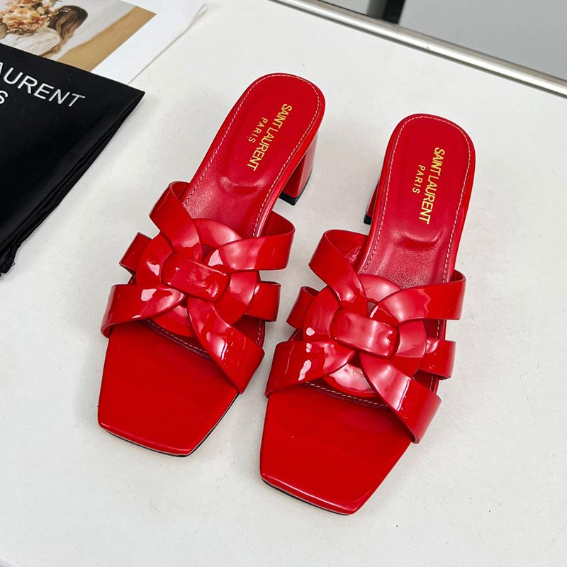 Saint Laurent Tribute Heeled Slides Women Patent Leather Red